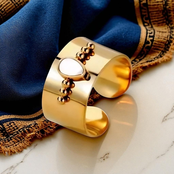 🆕️18K Gold Plated Stainless Steel Adjustable Ring w/ Natural Shell Inlay ✨️ 🌿 - Picture 9 of 16